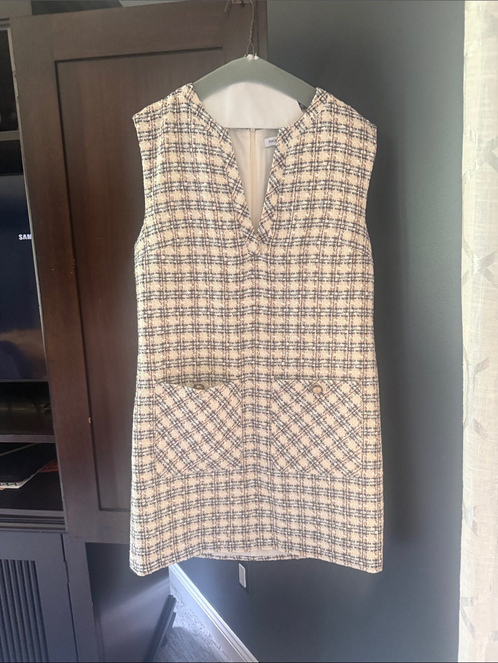 Veronica Beard Cream and Navy Tweed Sleeveless Shift Dress